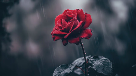 A captivating close-up of a red rose standing in the rain, droplets glistening on its petals. The dark background enhances the flower's beauty, evoking a serene atmosphere.の素材