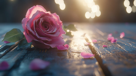 A stunning pink rose rests gently on a rustic wooden surface, surrounded by delicate petals. The soft bokeh background adds an enchanting quality, ideal for romantic themes.の素材