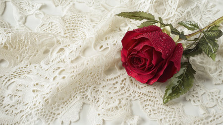 A stunning close-up of an elegant red rose resting on intricate lace fabric. The water droplets add freshness, enhancing its romantic appeal and beauty.の素材