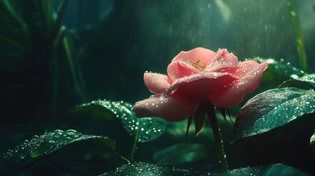 A stunning pink rose stands out with dew drops glistening in a lush green setting. The gentle sunlight enhances the beauty of this floral masterpiece.の素材