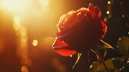 A stunning close-up of a red rose illuminated by warm sunlight, featuring glistening raindrops on its petals, creating a serene and romantic atmosphere.の素材