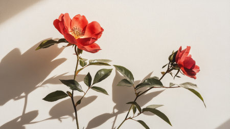 A beautiful arrangement of bright red flowers adorned with green leaves, casting gentle shadows on a soft neutral background, perfect for a minimalist decor theme.の素材
