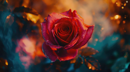 A stunning close-up of a red rose adorned with dew drops, surrounded by a dreamy, softly lit background. This image evokes a sense of beauty and romance.の素材