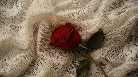 A stunning red rose rests gently on soft white lace, creating a romantic and elegant composition, perfect for various projects and themes.の素材