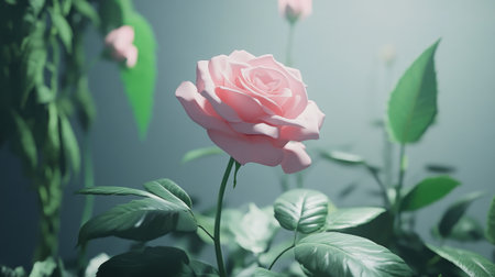 This stunning image captures a delicate pink rose gracefully blooming amidst lush green leaves, illuminated by soft light, creating a serene and elegant atmosphere.の素材