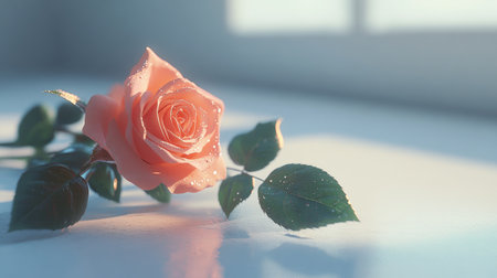 A stunning close-up of a pink rose adorned with dew drops, resting gracefully on a sunlit surface. This image captures the essence of natural beauty and tranquility.の素材
