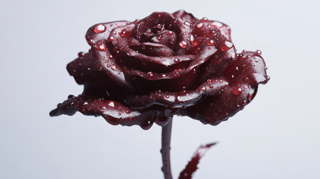 A stunning red rose adorned with shimmering water drops, set against a light background. This image captures the beauty and elegance of nature, perfect for romantic themes.の素材