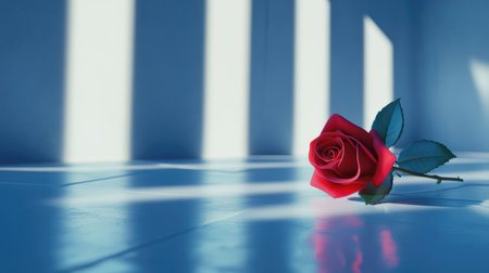 A striking single red rose lies elegantly on a smooth surface, bathed in soft light with gentle shadows, creating a serene and romantic atmosphere.の素材