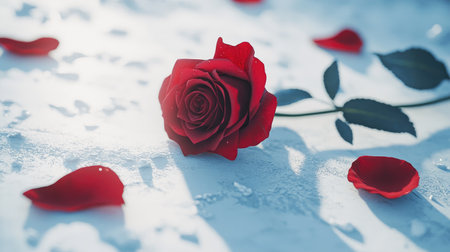 A stunning close-up of a red rose resting on a surface with scattered petals. Soft lighting enhances the natural beauty, creating a romantic atmosphere.の素材
