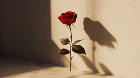 A stunning red rose stands gracefully against a textured wall, its shadow stretching softly in the warm light. This image captures beauty, elegance, and romance.の素材