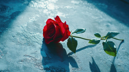 A stunning single red rose rests on a textured surface, illuminated by soft light. The petals exhibit vibrant hues, while gentle shadows enhance its delicate beauty, perfect for capturing emotions related to love and romance.の素材