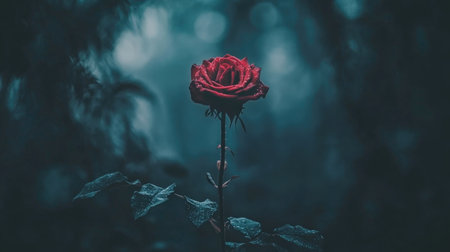 A striking solitary red rose stands amidst a misty forest, creating a captivating and mysterious atmosphere. The dark background enhances the flower's beauty, making it a perfect addition for artistic and nature-inspired themes.の素材