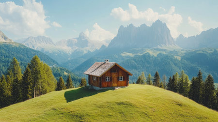 A picturesque wooden cabin set in a lush green landscape, surrounded by majestic mountains and clear blue skies, ideal for nature retreats and escapes.の素材