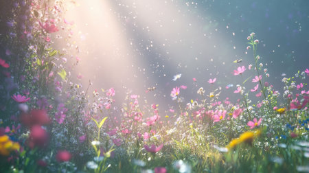 A picturesque wildflower meadow bathed in warm sunlight creates a tranquil and serene atmosphere, evoking feelings of peace and natural beauty.の素材