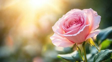 A stunning closeup of a pink rose blooming in a garden, illuminated by soft sunlight. This image captures the beauty and tranquility of nature's floral wonders.の素材