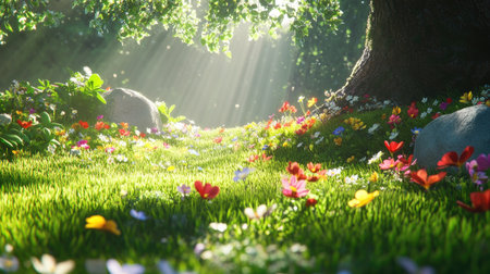 A serene nature scene captures the beauty of colorful flowers blooming in a lush green meadow. Soft rays of sunlight filter through the trees, creating a tranquil atmosphere.の素材