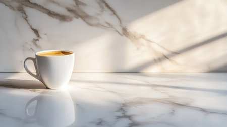 A stunning white coffee cup sits elegantly on a polished marble surface, bathed in soft morning light, creating a serene and inviting atmosphere.の素材