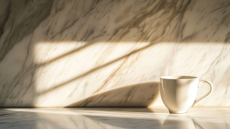A serene image showcasing a white cup in soft morning light, casting gentle shadows on a marble surface, ideal for cozy and elegant themes.の素材