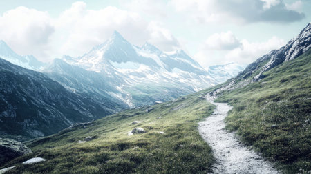 Experience a breathtaking landscape featuring a serene mountain path winding through a lush green valley under a beautiful sky with soft clouds.の素材