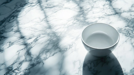 A serene white bowl rests on an elegant marbled surface, creating a minimalist aesthetic. Soft shadows dance across the surface, enhancing the tranquil ambiance.の素材