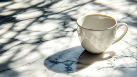 A minimalist white coffee cup rests on a marble surface, beautifully displaying the interplay of shadows and light, creating a serene and elegant atmosphere.の素材
