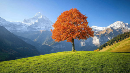 A vibrant orange tree stands alone on a lush green hill, with majestic snowy mountains in the background under a clear blue sky, creating a stunning autumn landscape.の素材