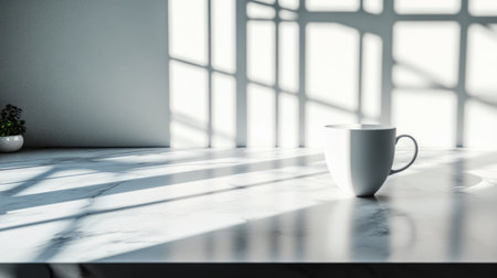 A serene scene featuring a white coffee cup on a minimalist marble table, framed by soft morning light and dynamic shadows that create a peaceful ambiance.の素材
