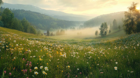 A stunning landscape featuring a vibrant meadow filled with colorful flowers, softly illuminated by the morning sun, surrounded by rolling hills and mist.の素材