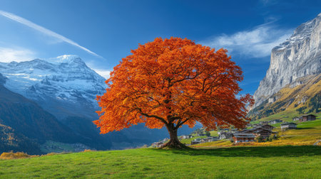 A stunning autumn scene featuring a vibrant orange tree set against breathtaking snow-capped mountains. The perfect depiction of natureの素材