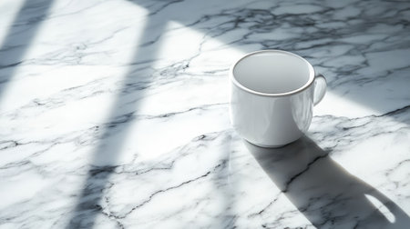A minimalist white coffee mug sits on a polished marble surface, casting soft shadows. This serene composition captures a moment of elegance and simplicity.の素材