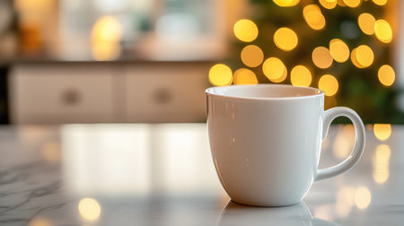 A cozy white mug sits on a marble countertop, softly illuminated by warm Christmas bokeh lights. Ideal for evoking feelings of warmth and comfort during the holiday season.の素材