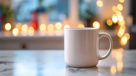 A simple white coffee mug rests on a marble table, surrounded by a soft bokeh background of warm lights, creating a cozy and inviting atmosphere perfect for relaxation.の素材