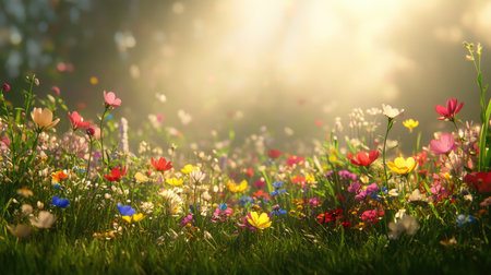 A stunning field of vibrant flowers in a serene setting, illuminated by soft morning light and delicate fog. Perfect for nature-inspired themes.の素材