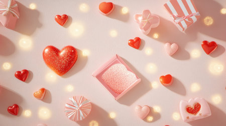 Celebrate romance with this vibrant arrangement of colorful hearts and gifts. Perfect for Valentineの素材