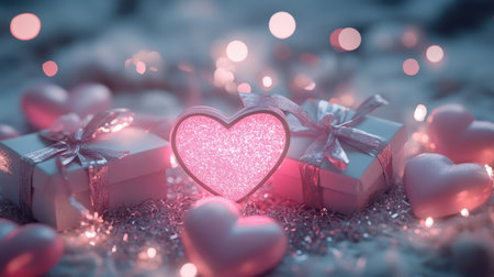 A beautiful arrangement featuring heart-shaped decorations and gifts, creating a romantic atmosphere. Soft lighting and sparkles enhance the warm, affectionate vibe.の素材