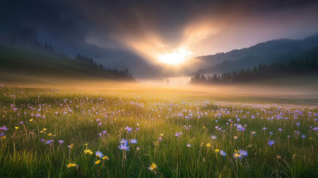 A breathtaking sunrise illuminates a misty meadow filled with colorful wildflowers, creating a serene and tranquil scene perfect for nature lovers.の素材