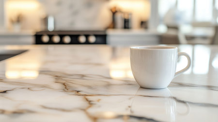 A minimalist white coffee cup rests on a luxurious marble countertop in a contemporary kitchen, embodying elegance and tranquility, perfect for morning routines or cozy coffee breaks.の素材