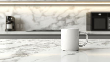 A serene kitchen scene featuring a white coffee mug on a marble countertop, showcasing modern design elements and a minimalist aesthetic perfect for morning routines.の素材