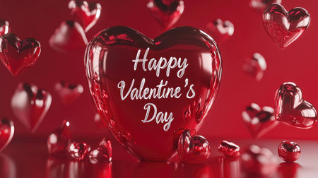 Celebrate love with this vibrant image featuring red hearts and a cheerful "Happy Valentineの素材