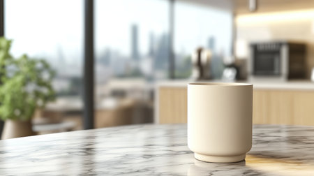 A minimalist white cup sits elegantly on a marble table, enhancing the modern kitchen atmosphere. The soft light and city view create a tranquil setting.の素材