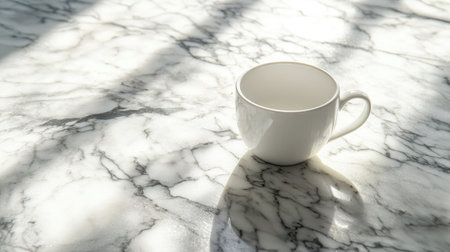 A minimalist white coffee cup placed on a stunning marble surface, capturing the beauty of shadows and light. Ideal for concepts of elegance and serenity.の素材
