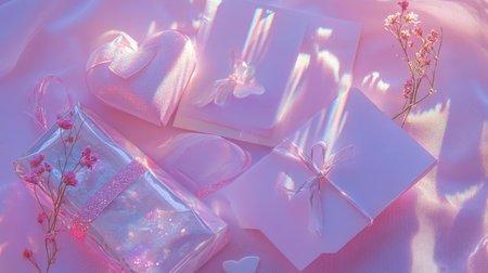 Delicate arrangement of gifts in soft pastel colors with light reflections and flowers, perfect for romantic occasions or celebration moments.の素材