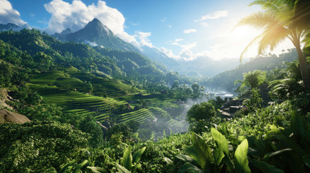 A stunning tropical landscape showcasing lush greenery, vibrant sunlight, and majestic mountains. Perfect for travel and nature enthusiasts, this scene captures the beauty of nature.の素材