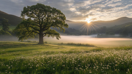 A serene morning landscape featuring a majestic tree bathed in golden sunlight, surrounded by a misty meadow and rolling hills. Captures tranquility.の素材
