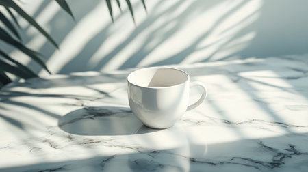 A minimalist white coffee cup is placed on a marble table, surrounded by soft shadows and gentle sunlight. This scene captures tranquility and modern aesthetics.の素材