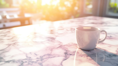 A serene white coffee mug placed on a stunning marble table, beautifully illuminated by soft morning sunlight, creating a warm and inviting atmosphere.の素材