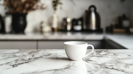 A stylish white coffee cup is placed on a beautiful marble kitchen countertop, creating a serene and modern aesthetic perfect for cozy morning moments.の素材
