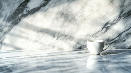 A minimalist image featuring a white cup resting on a marble surface. Soft natural light creates gentle shadows, ideal for evoking a serene and stylish atmosphere.の素材