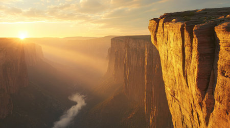 Experience the breathtaking beauty of a rugged canyon during sunrise, with golden light illuminating rocky cliffs and a serene river below, creating a tranquil atmosphere.の素材
