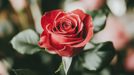 A stunning close-up of a red rose bloom, showcasing its delicate petals and rich color. The gentle light highlights the vibrant beauty amidst lush green leaves.の素材